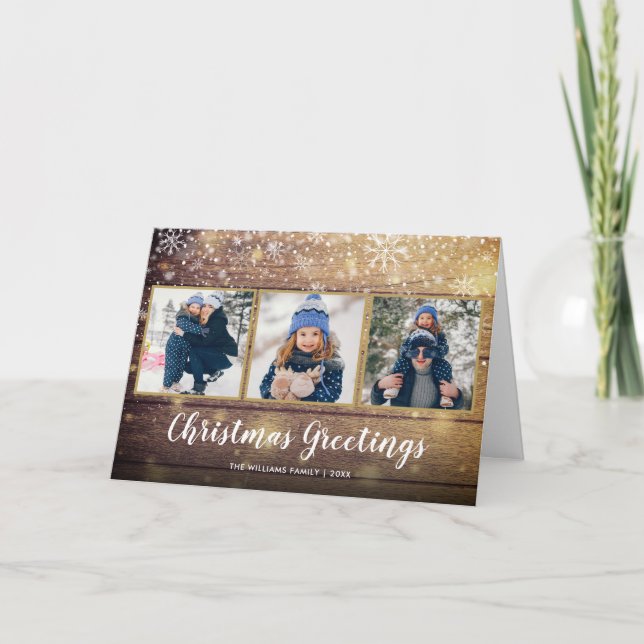 Christmas Greetings 3 Photo Rustic Country Wood Holiday Card (Front)
