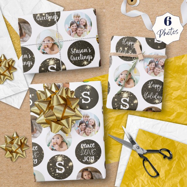 Christmas Greetings 6 Photo Monogram Gold Sparkle Wrapping Paper Sheet (Creator Uploaded)