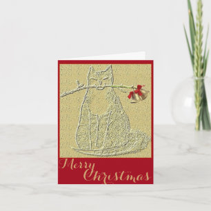 Christmas Greetings Cat with bells.  Red and Gold Holiday Card