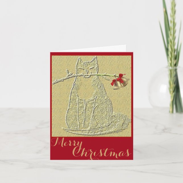Christmas Greetings Cat with bells.  Red and Gold Holiday Card (Front)
