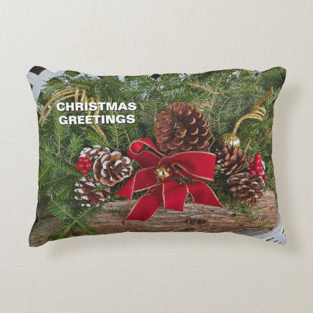 Christmas Greetings Evergreen Boughs Red Bows Decorative Cushion (Front)
