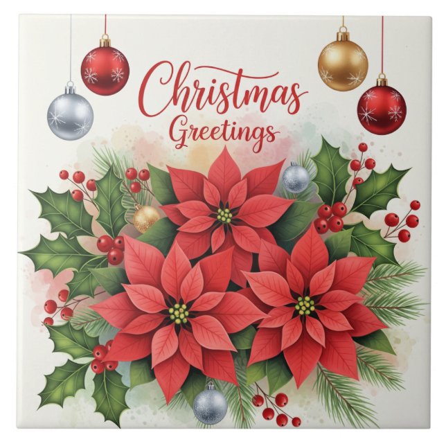 Christmas Greetings, Festive, Ceramic Tile (Front)