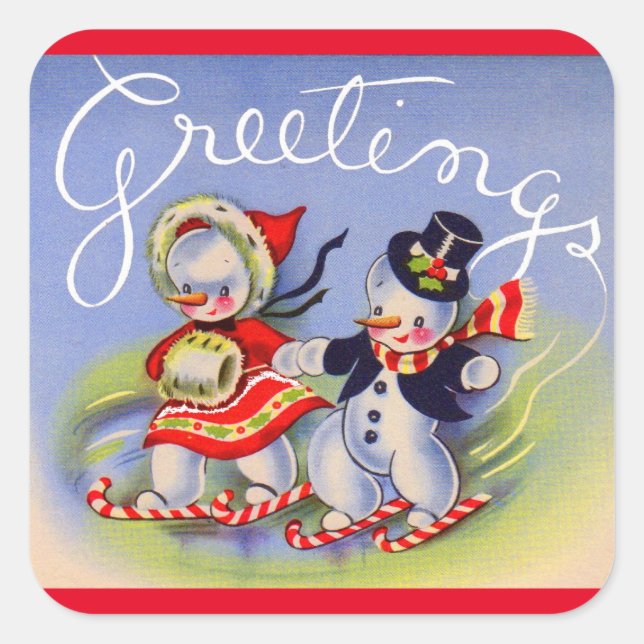 Christmas Greetings from Mr. and Mrs. Snowman Square Sticker (Front)