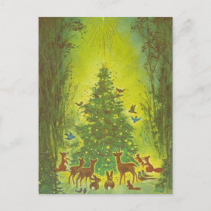 Christmas Greetings Gathering around a tree_1950 Holiday Postcard
