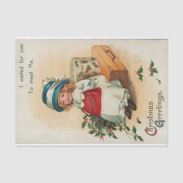 Christmas Greetings Girl Waiting, Ellen Clapsaddle Tissue Paper (Front)