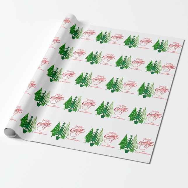 Christmas Greetings, Green Trees Wrapping Paper (Unrolled)