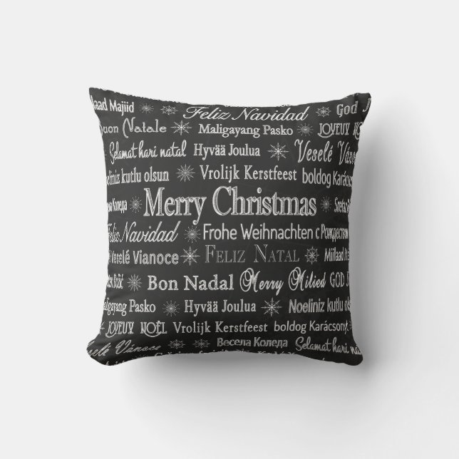 Christmas Greetings Multiple Languages Chalkboard Cushion (Front)
