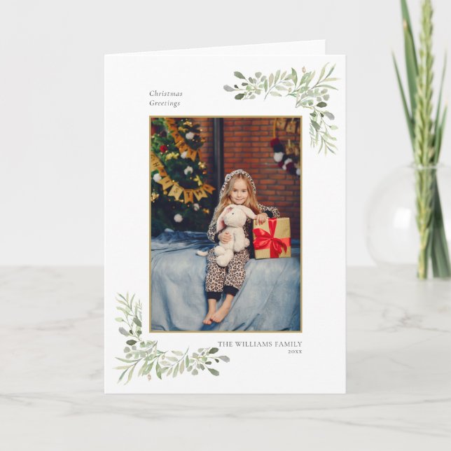 Christmas Greetings Photo Modern Gold Greenery  Holiday Card (Front)