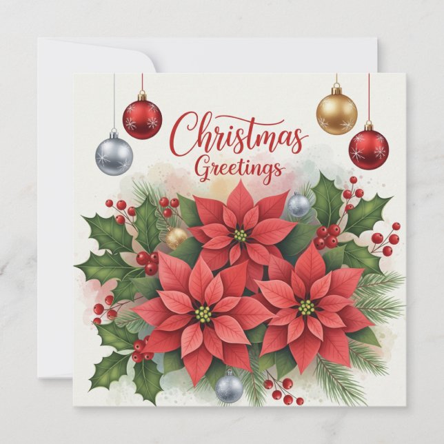 Christmas Greetings Poinsettia Flowers, Berries  Holiday Card (Front)