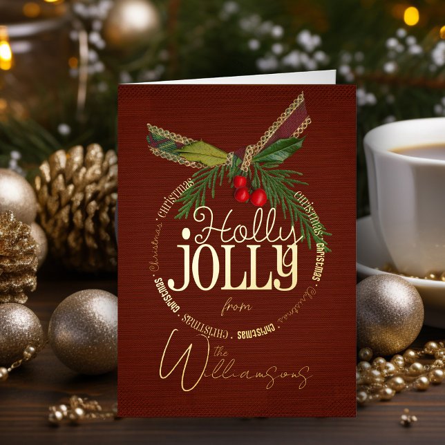 Christmas Greetings Retro Christmas Card Gold Foil (Elegant vintage holly jolly Christmas Card personalized holiday card with name)