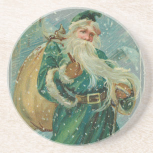 Christmas Greetings-Retro Santa Claus Postcard Coaster