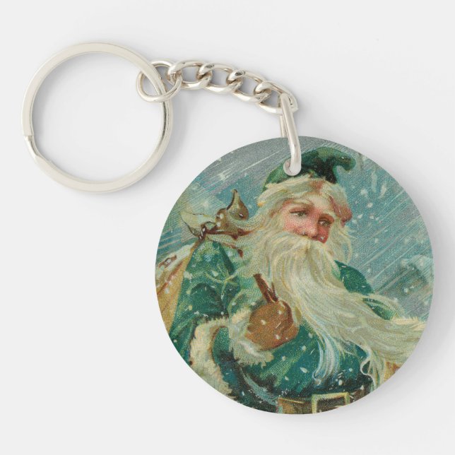 Christmas Greetings-Retro Santa Claus Postcard Key Ring (Front)
