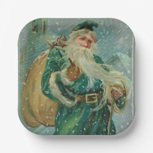 Christmas Greetings-Retro Santa Claus Postcard Paper Plate