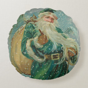 Christmas Greetings-Retro Santa Claus Postcard Round Cushion