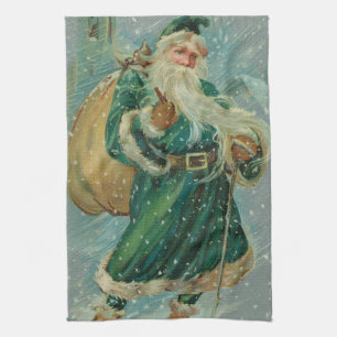 Christmas Greetings-Retro Santa Claus Postcard Tea Towel