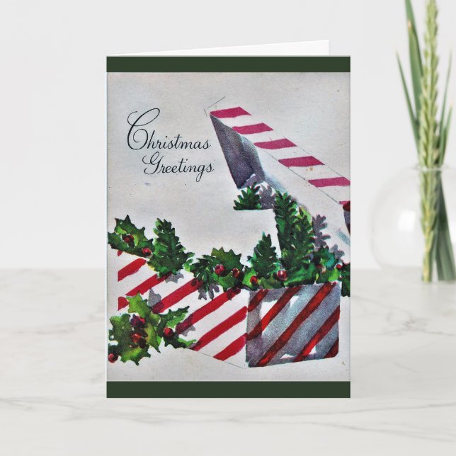 Christmas Greetings - Striped Box with Holly Holiday Card (Front)