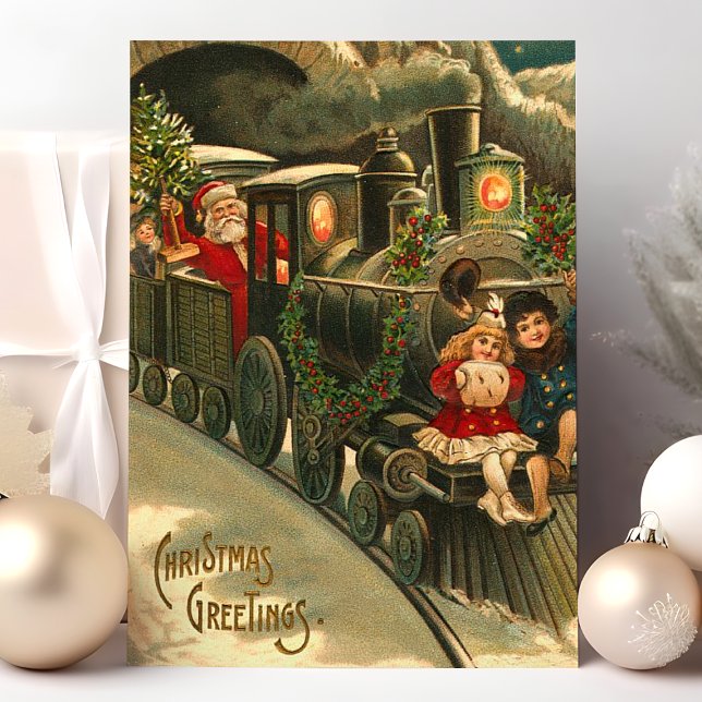 Christmas Greetings Train Vintage Holiday Postcard (Creator Uploaded)