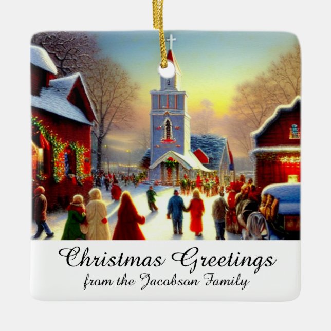 Christmas Greetings Village Churchgoers Kitsch Ceramic Ornament (Front)