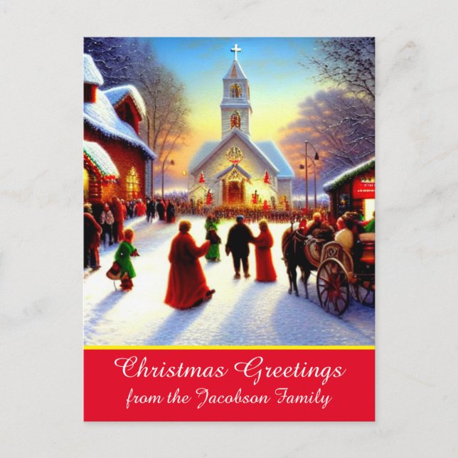 Christmas Greetings Villagers Go To Church Kitsch Holiday Postcard (Front)