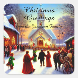 Christmas Greetings Villagers Go To Church Kitsch Square Sticker