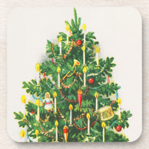 Christmas Greetings, vintage card, Christmas Tree Coaster