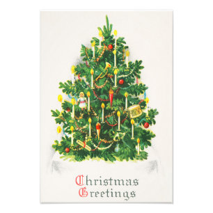 Christmas Greetings, vintage card, Christmas Tree Photo Print