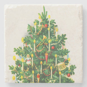 Christmas Greetings, vintage card, Christmas Tree Stone Coaster