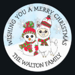 Christmas Greetings Winter Llama and Snowman Classic Round Sticker<br><div class="desc">Personalised Christmas Greetings Winter Llama and Snowman festive stickers for your Christmas cards gift bags or candy bag favours!</div>