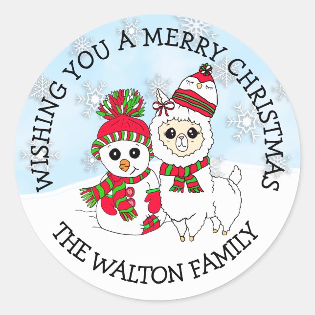 Christmas Greetings Winter Llama and Snowman Classic Round Sticker (Front)