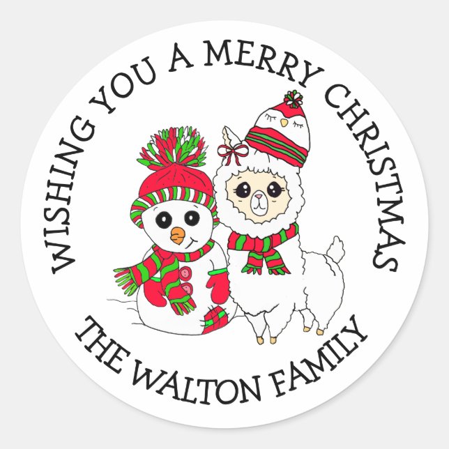 Christmas Greetings Winter Llama and Snowman Classic Round Sticker (Front)