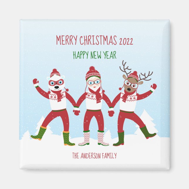 Christmas Greetings with Santa and Friends Magnet (Front)