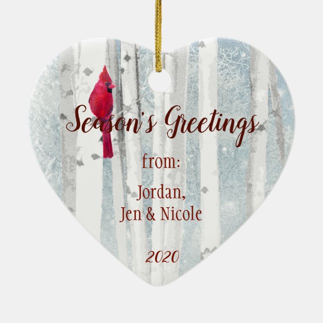 Christmas Greetings with Your Photo Cardinal Birch Ceramic Ornament (Back)