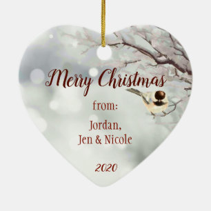 Christmas Greetings with Your Photo Chickadee Ceramic Ornament