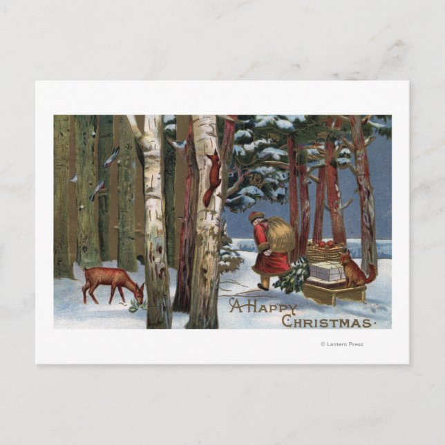 Christmas GreetingSanta Through Forest Holiday Postcard (Front)