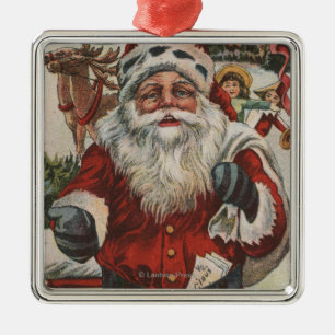 Christmas GreetingSanta with Deer and Kids Metal Ornament