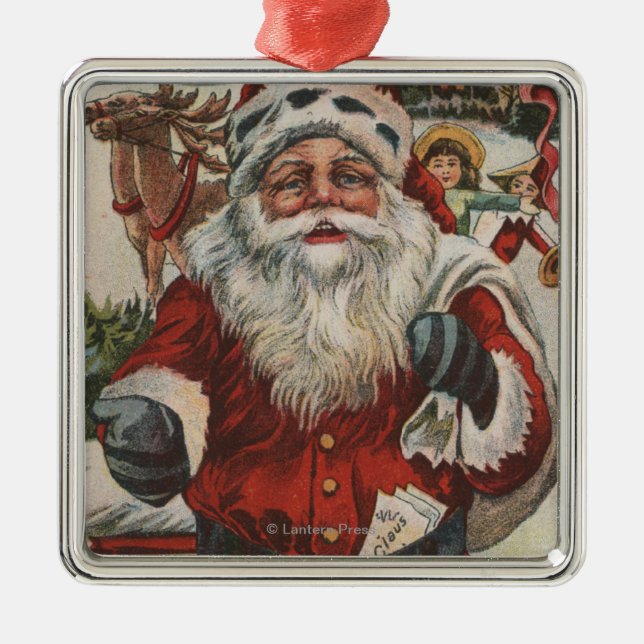 Christmas GreetingSanta with Deer and Kids Metal Ornament (Front)