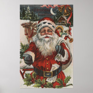 Christmas GreetingSanta with Deer and Kids Poster