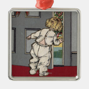Christmas GreetingsKid Peeking for Santa Metal Ornament