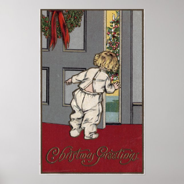 Christmas GreetingsKid Peeking for Santa Poster (Front)