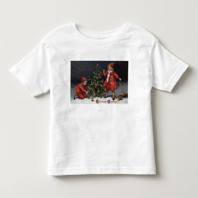 Christmas GreetingsKids Decorating a Tree Toddler T-Shirt (Front)