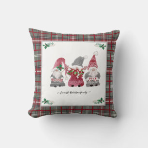 Christmas Grey Plaid Gnome Love Joy Peace Holly Cushion