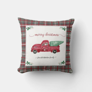 Christmas Grey Plaid Gnome Tree Farm Red Truck Cushion