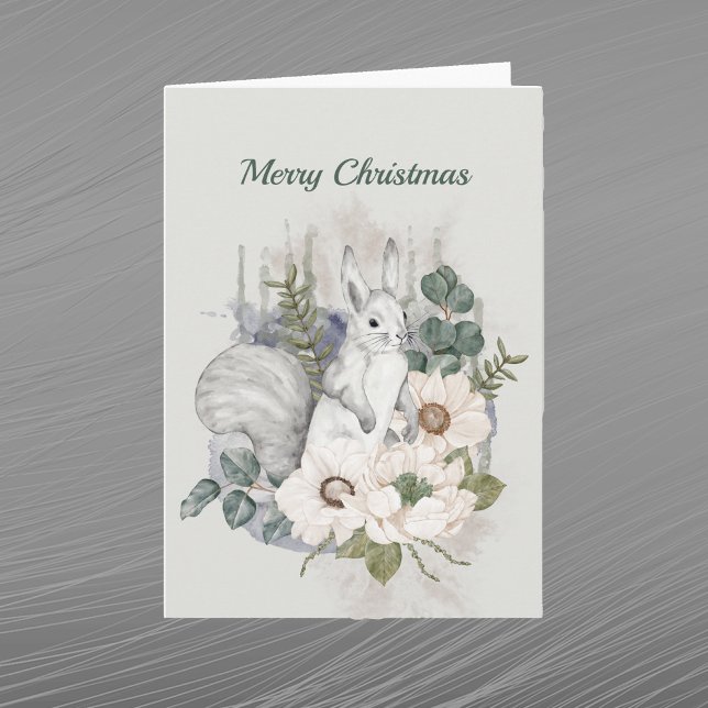 Christmas Grey Squirrel Eucalyptus Watercolor Holiday Card (Creator Uploaded)