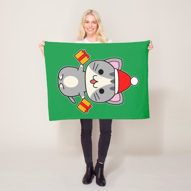 Christmas Grey Tabby Cat Fleece Blanket (In Situ)