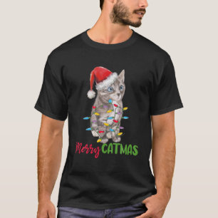Christmas Grey Tabby Cat Ugly Xmas Tree Lights Paj T-Shirt