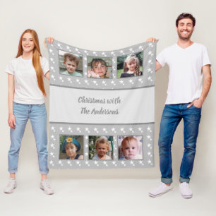 Christmas grey with white stars photos family name fleece blanket