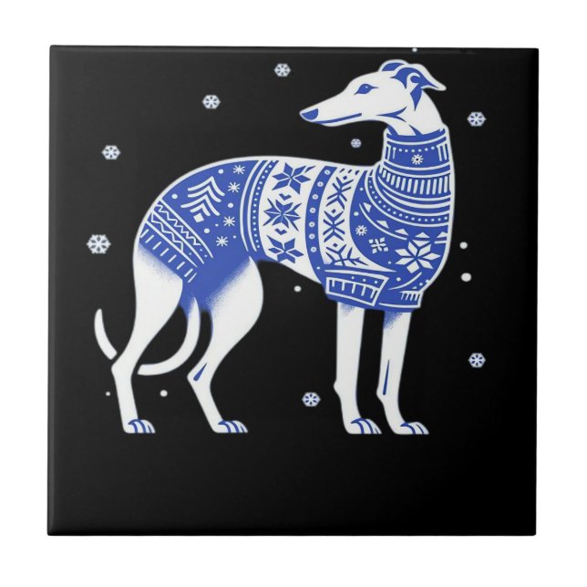 Christmas Greyhound Dog Wearing an Ugly Sweater Bl Ceramic Tile (Front)
