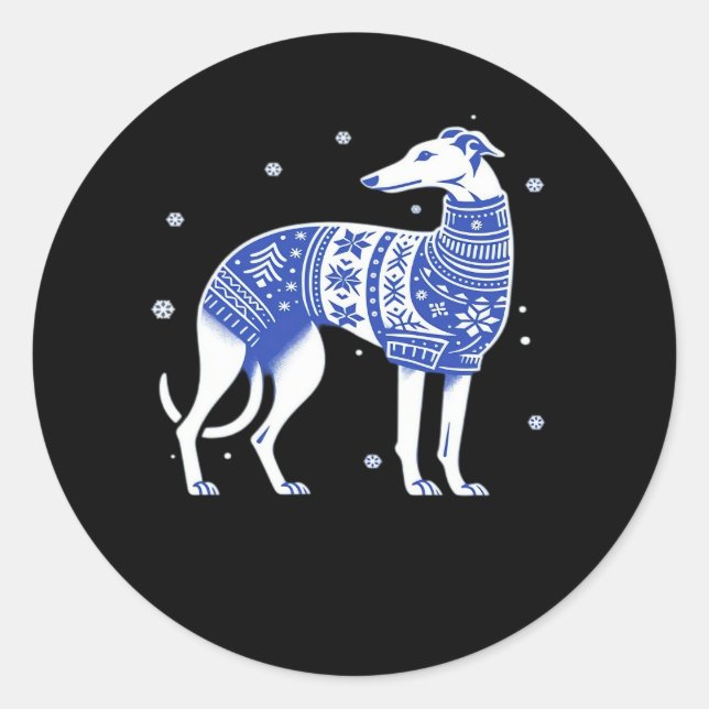 Christmas Greyhound Dog Wearing an Ugly Sweater Bl Classic Round Sticker (Front)
