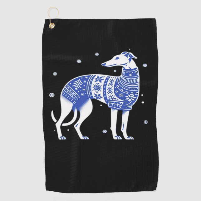 Christmas Greyhound Dog Wearing an Ugly Sweater Bl Golf Towel (Front)