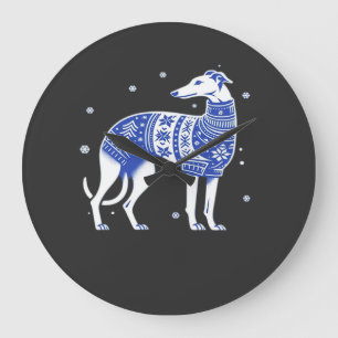 Christmas Greyhound Dog Wearing an Ugly Sweater Bl Large Clock